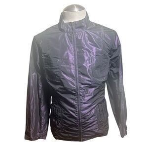 CHICOS Women’s Zip Front Metallic Purple Jacket Pockets Long Sleeve Size 16